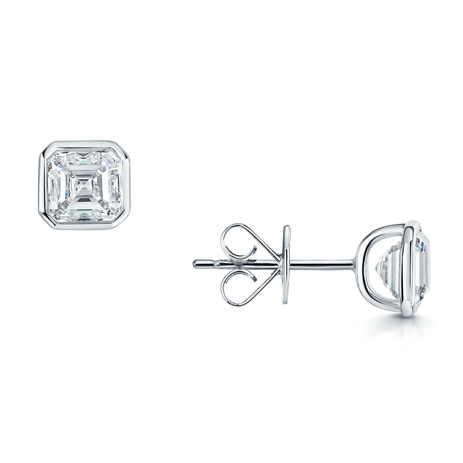 Platinum GIA Certificated Asscher Cut Diamond Rub Over Stud Earrings