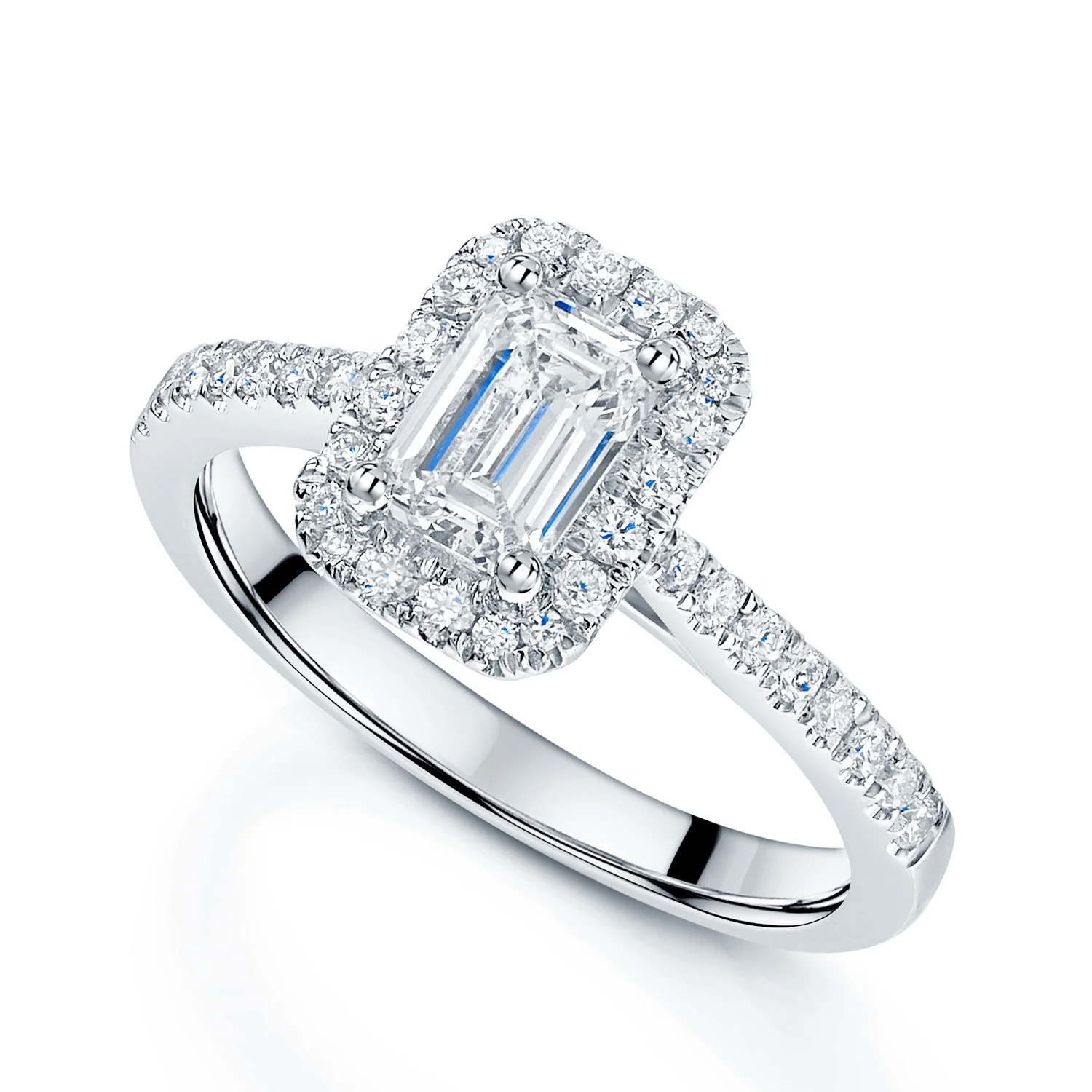 Platinum GIA Certificated Emerald Cut Diamond Halo Ring With Diamond Shoulders