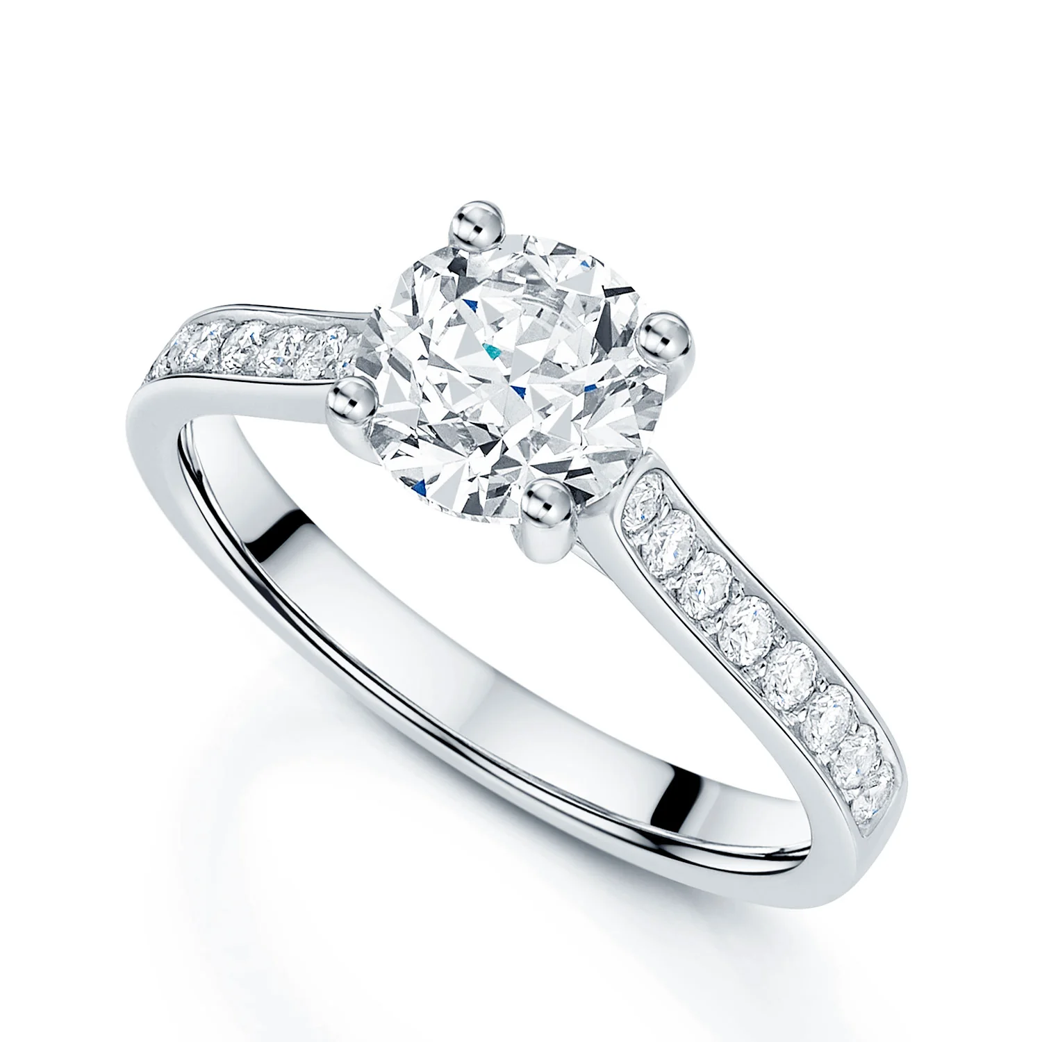 Platinum GIA Certificated Round Brilliant Cut Diamond Ring With Diamond Shoulders