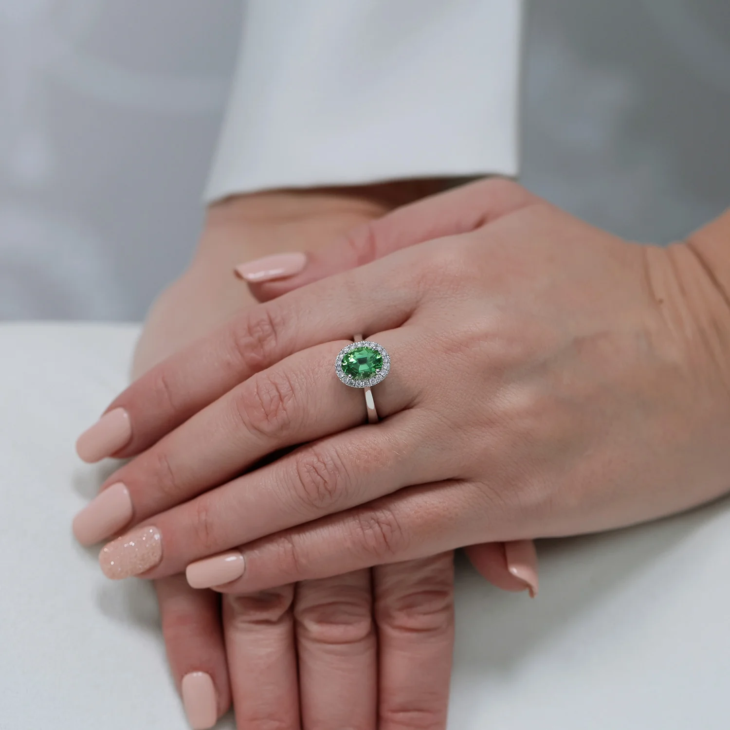 Platinum Chrome Green Tourmaline And Diamond Oval Halo Ring - Image 2