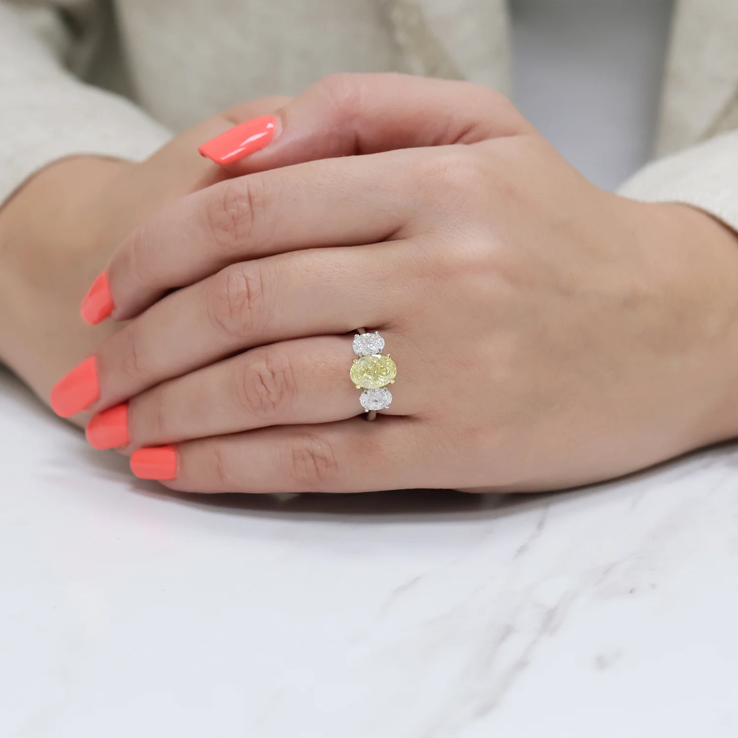 Platinum Oval Cut Fancy Yellow Diamond And White Diamond Three Stone Ring - Image 3