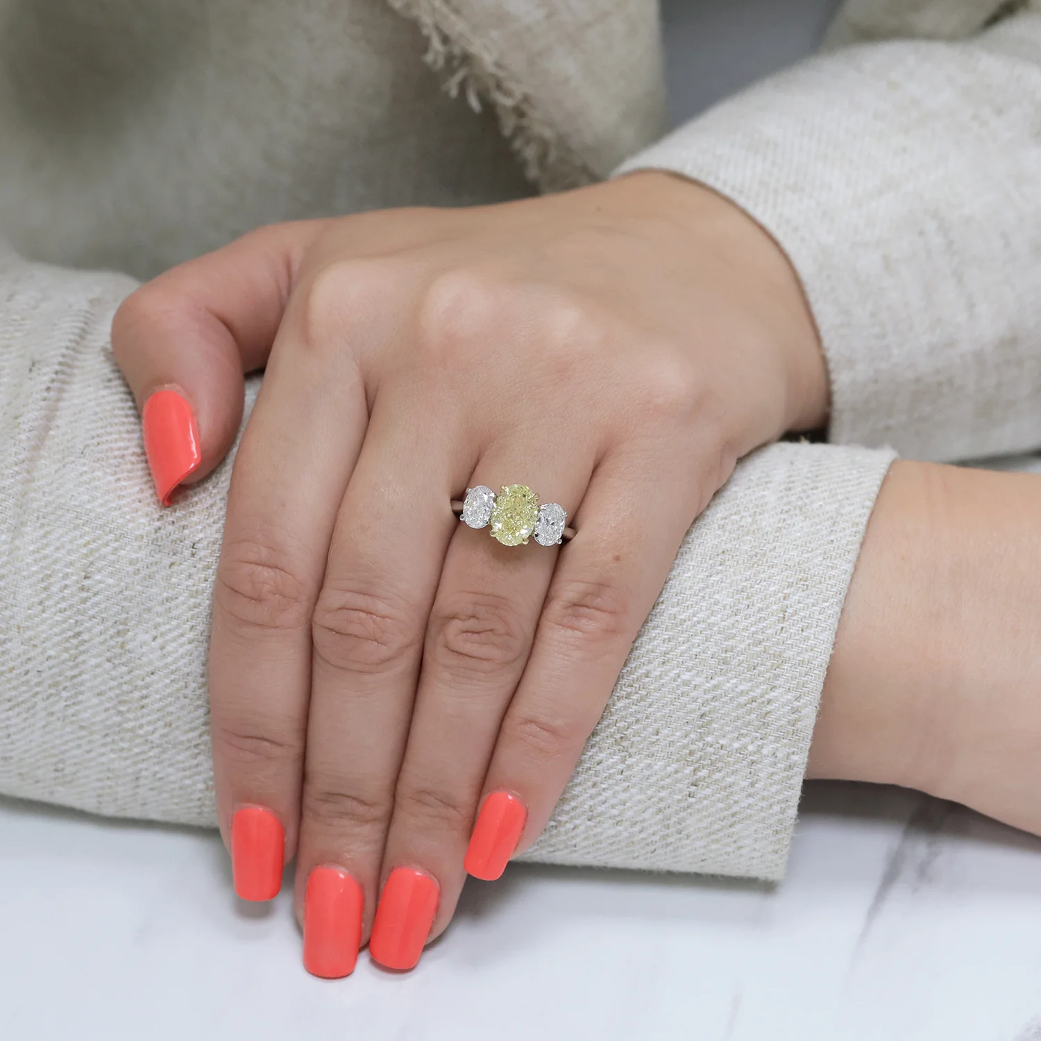 Platinum Oval Cut Fancy Yellow Diamond And White Diamond Three Stone Ring - Image 4
