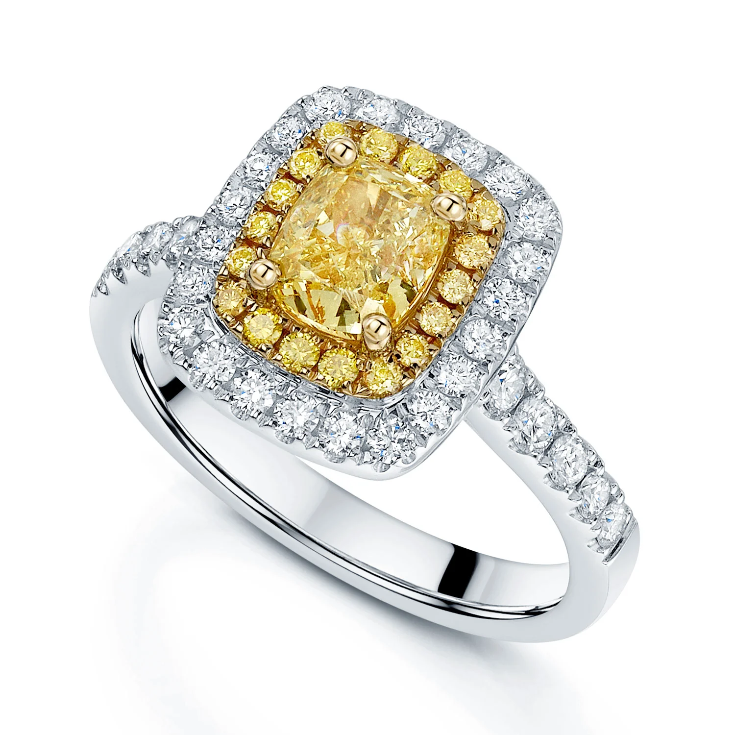 Platinum Radiant Cut Yellow Diamond And Diamond Double Halo Ring