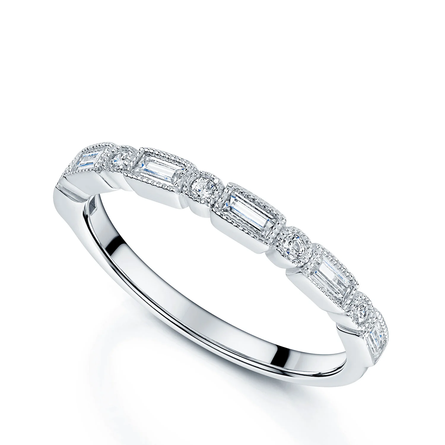 Platinum Round Brilliant And Baguette Cut Diamond Mill Grain Edge Wedding Band