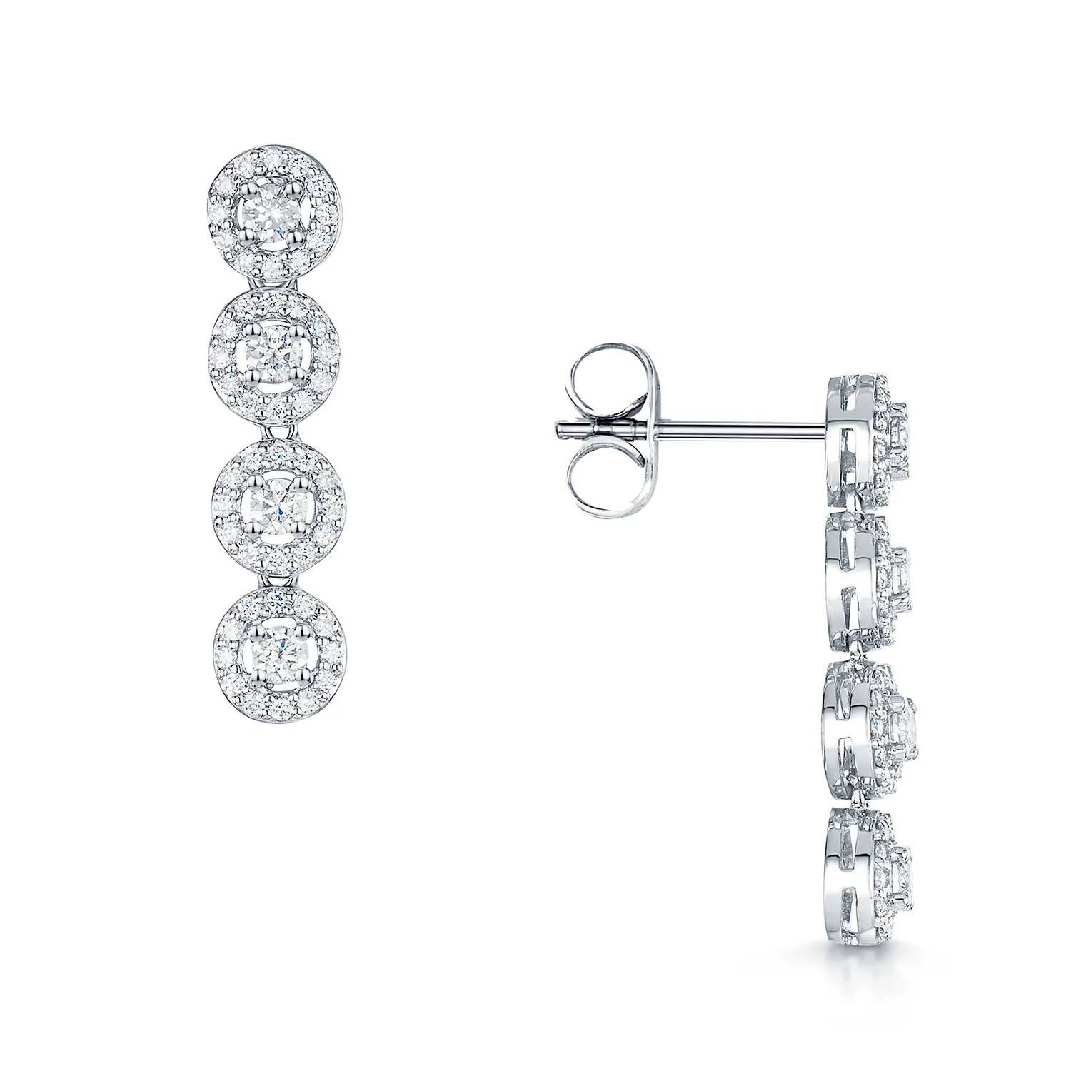 Platinum Round Brilliant Cut Diamond Halo Drop Earrings