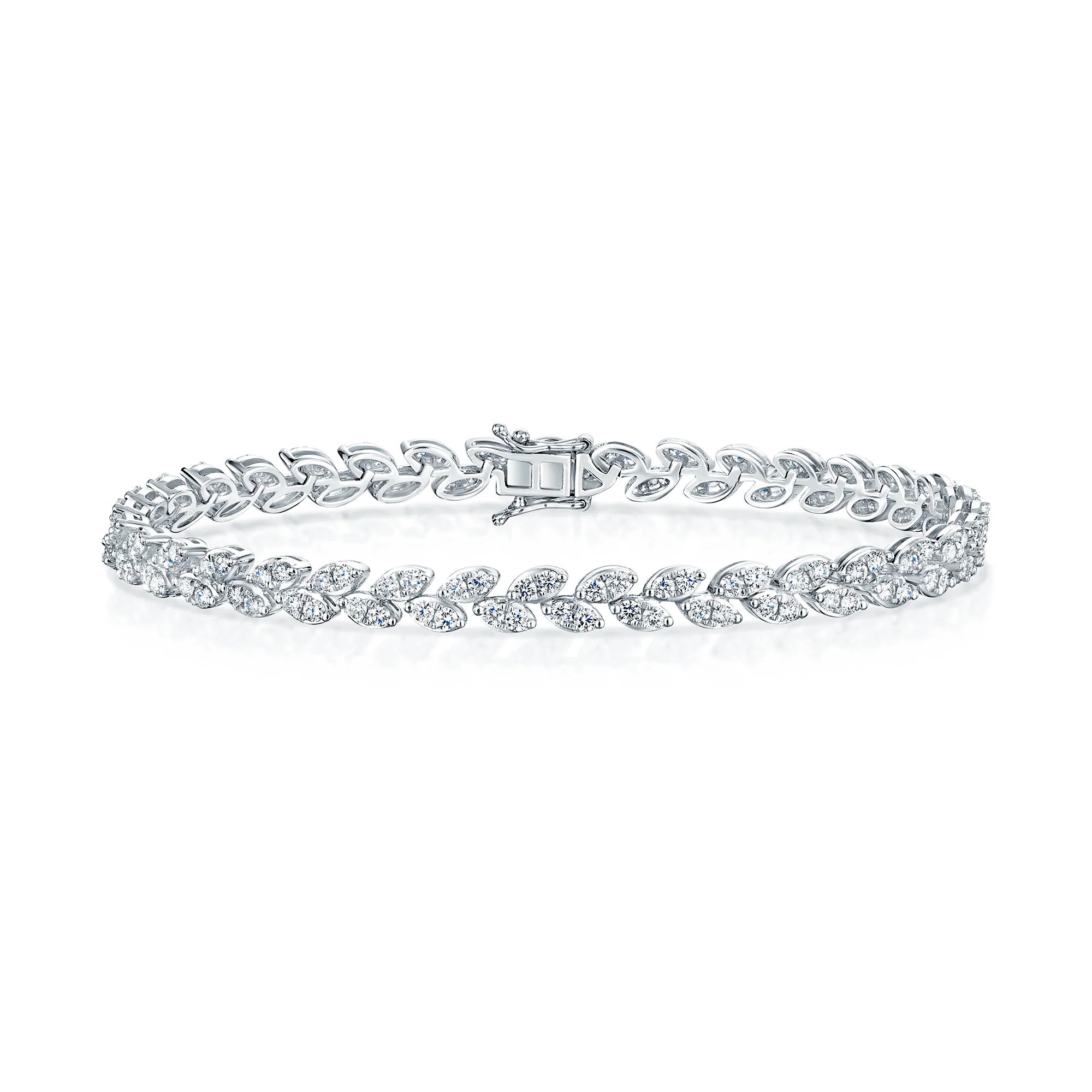 Platinum Round Brilliant Cut Diamond Leaf Design Tennis Bracelet