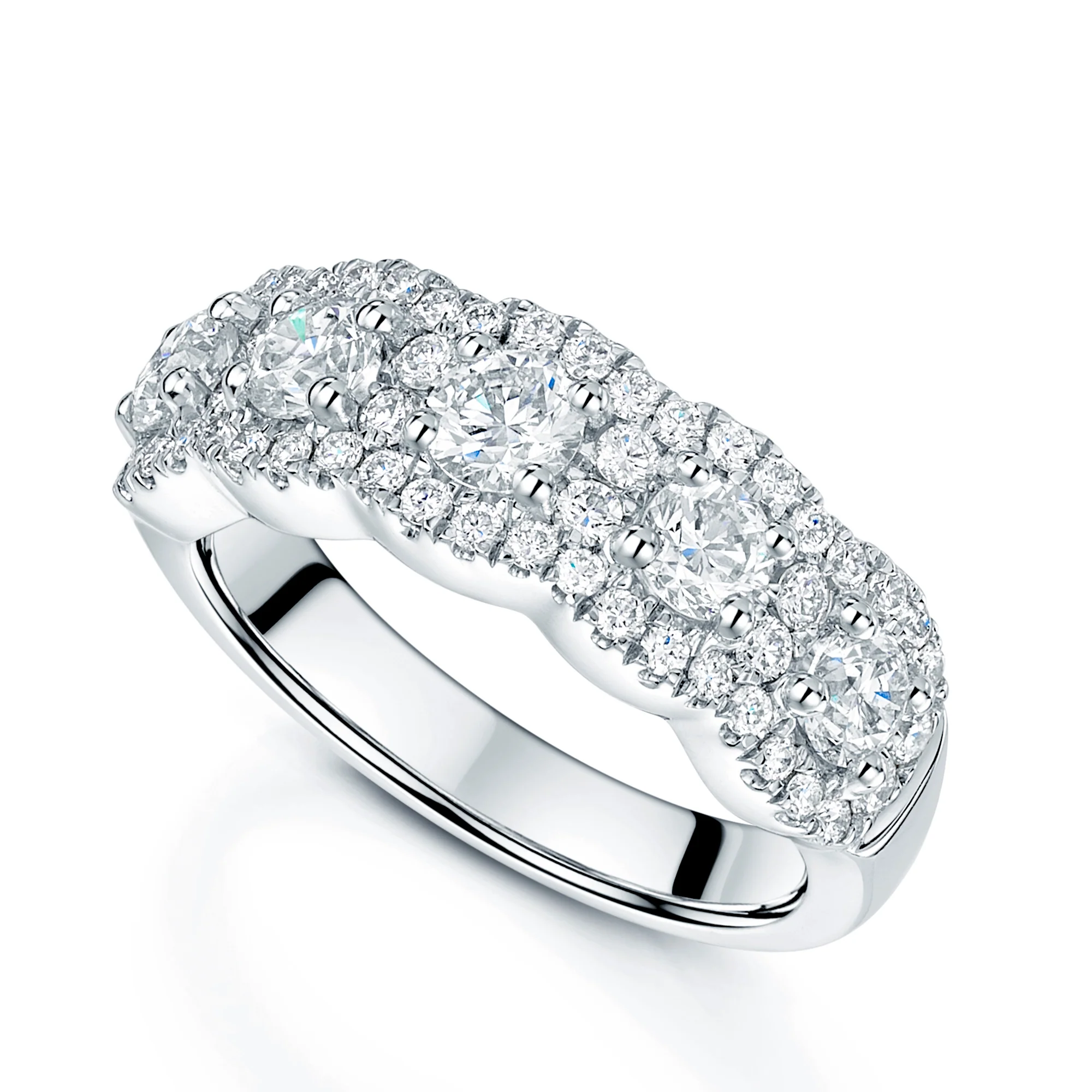Platinum Round Brilliant Cut Five Stone Halo Dress Ring