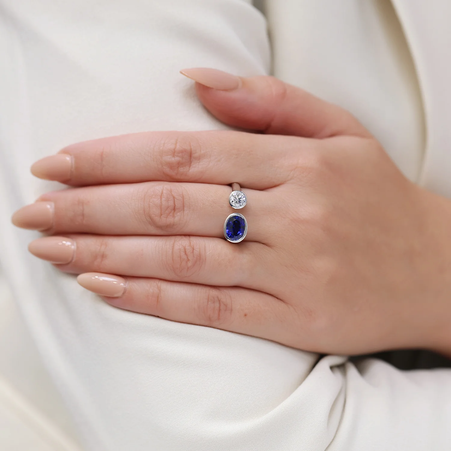 Platinum Toi Et Moi Oval Cut Sapphire And Round Brilliant Diamond Two Stone Rub Over Set Ring - Image 3