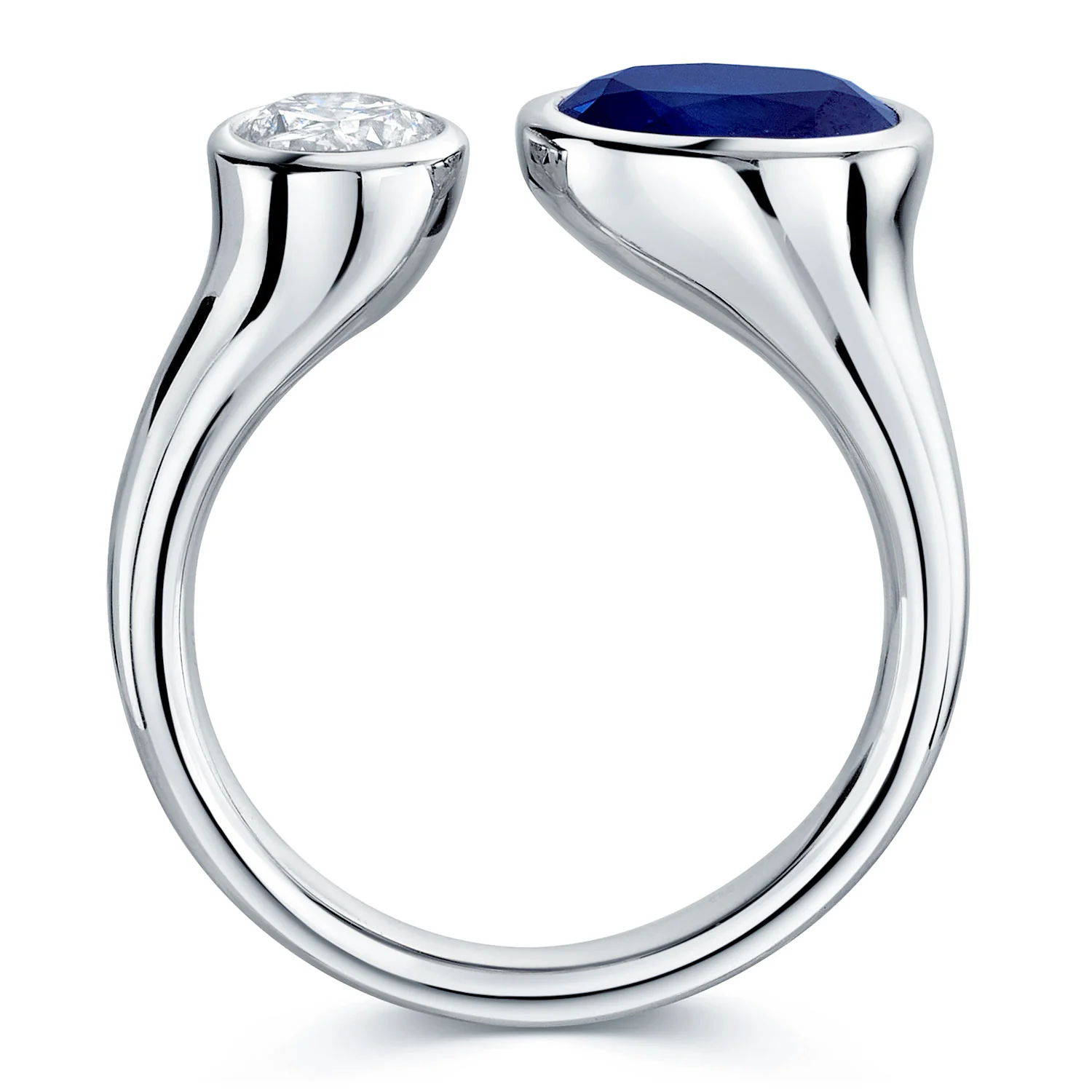Platinum Toi Et Moi Oval Cut Sapphire And Round Brilliant Diamond Two Stone Rub Over Set Ring - Image 4