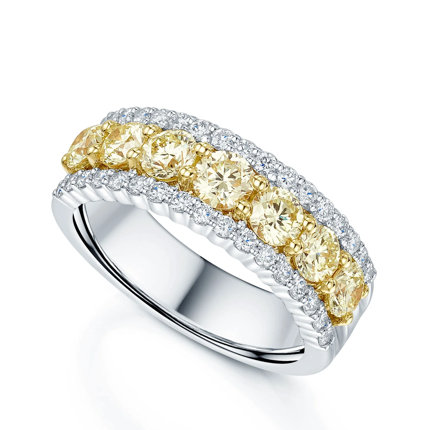 Platinum Yellow & White Diamond Three Row Dress Ring