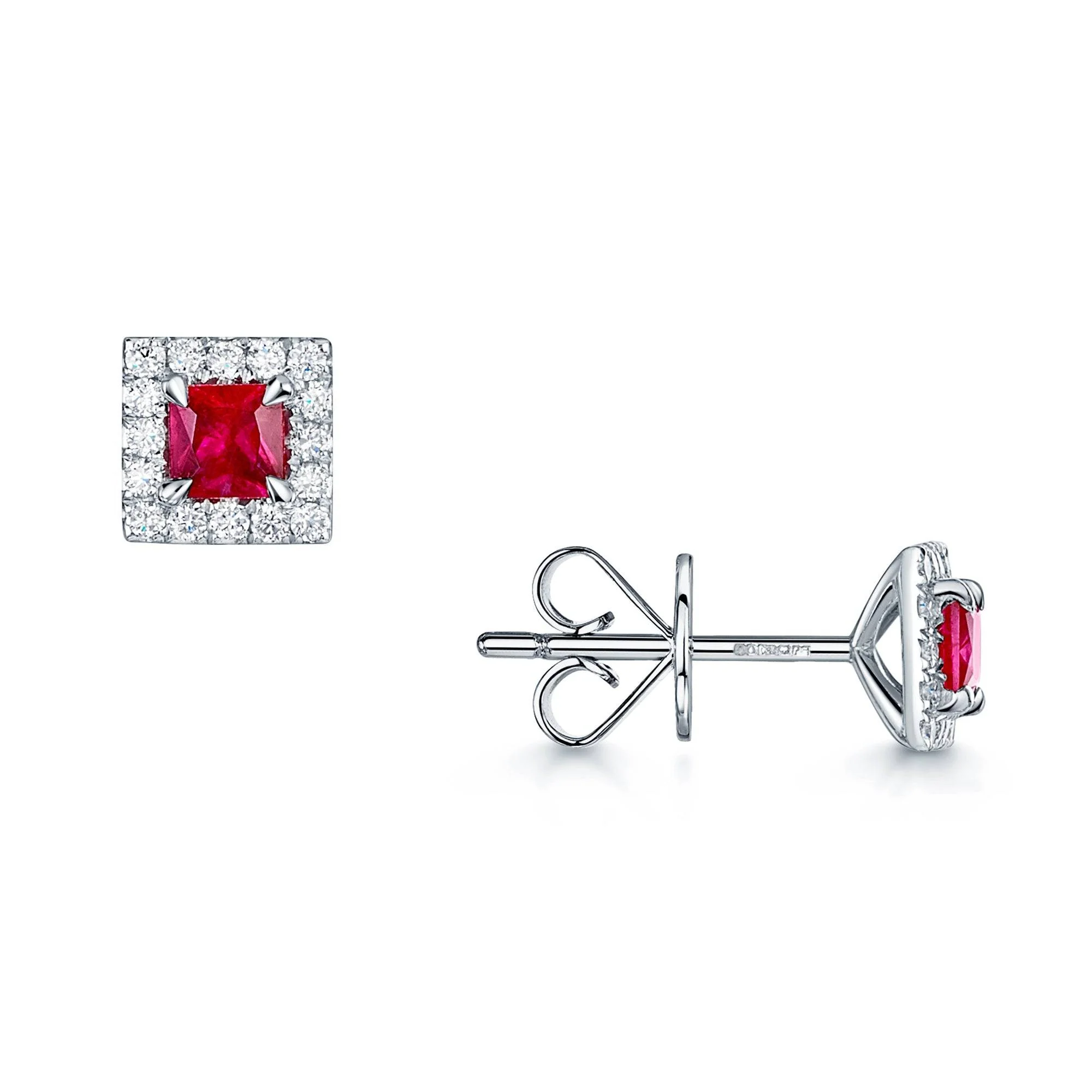 18ct White Gold Square Cut Ruby And Diamond Cluster Earrings
