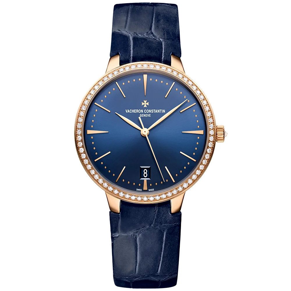 Patrimony Self-Winding 36.5mm 18ct Pink Gold Diamond Bezel Blue Dial Strap Watch