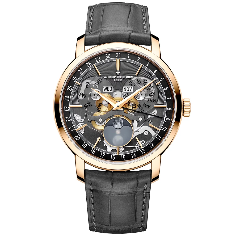 Traditionnelle Complete Calendar Openface 18ct Pink Gold Strap Watch