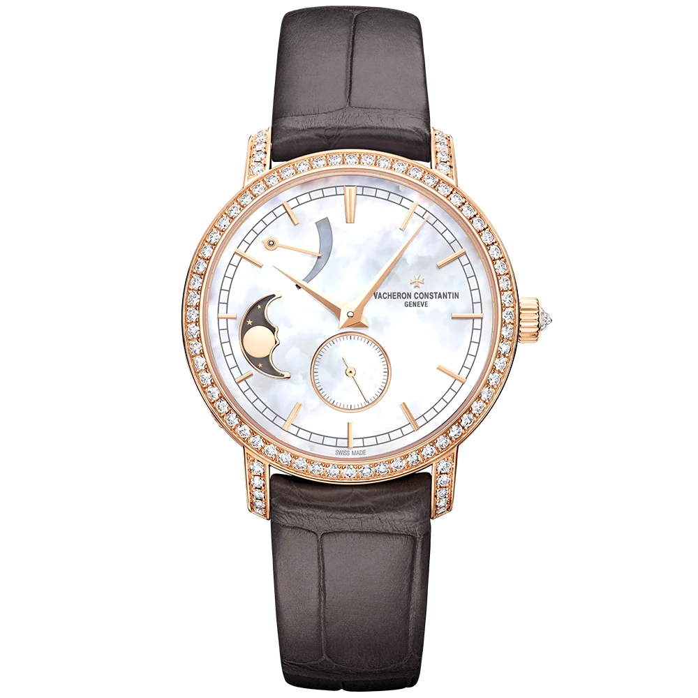 Traditionnelle Moon Phase 18ct Pink Gold Diamond Set Ladies Watch
